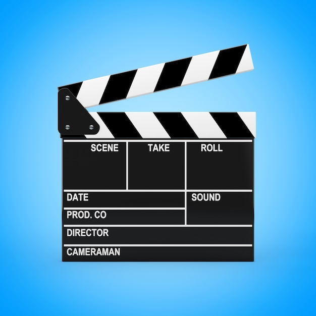 Filme Slate Clapper Board sobre um fundo azul. Renderização 3D