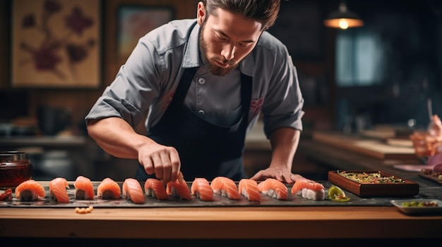 Filmische Aufnahme des talentierten Sushi-Kochs bei der Zubereitung delikater Köstlichkeiten