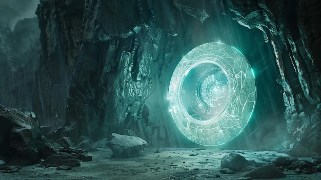 Filmische Aufnahme einer rätselhaften alten außerirdischen Interdimension einer dunklen Höhle mit grüner magischer Tür