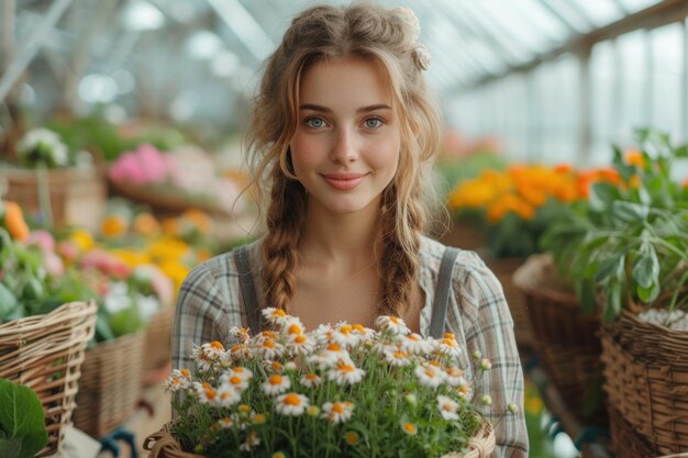 Filmische Frau-Blumenhändlerin in einem Gewächshaus mit einem Korb, der Blumen pflückt