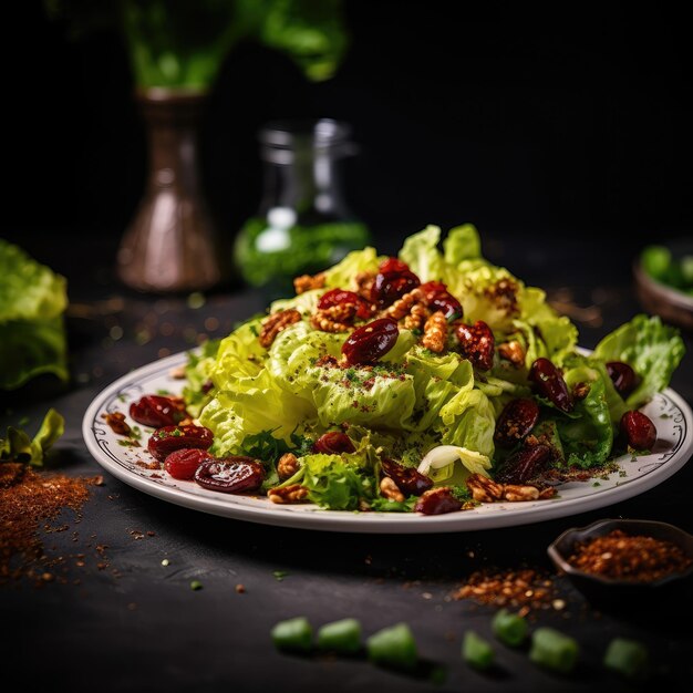 Filmische Lebensmittelfotografie, die die superdetaillierte Schönheit eines Salats auf einem weißen Teller mit Let festhält