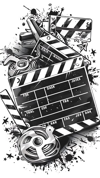 Filmische Postkarten-Design mit einem Film-Clapboard-Rahmen-Stil Umriss Scribble CNC-Tattoo-Tintenkunst