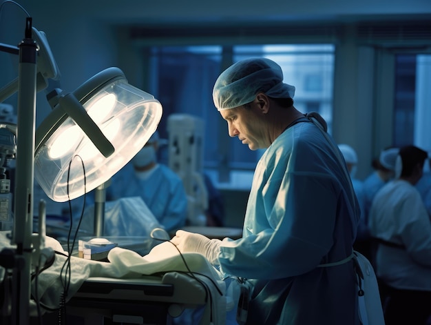filmischer Arzt im Krankenhaus, Kodak-Film mit fluoreszierendem Licht, ai-generiert