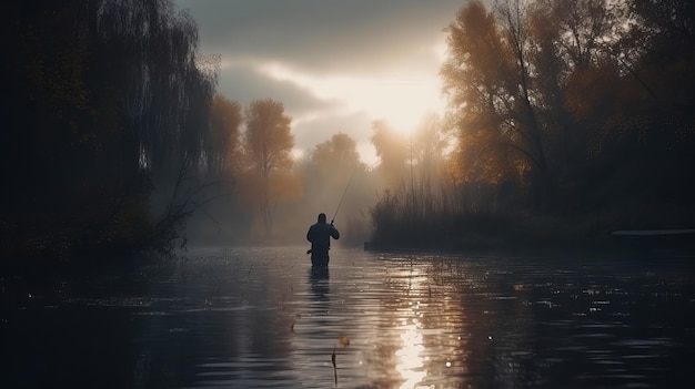 Filmischer Herbst-Fischen-Hintergrund Fischer, der auf wildem Fluss fängt