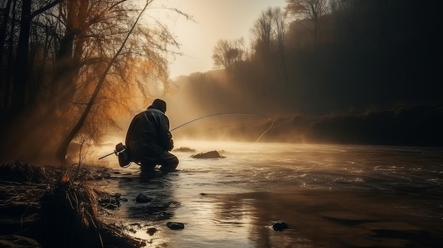 Filmischer Herbst-Fischen-Hintergrund Fischer, der auf wildem Fluss fängt