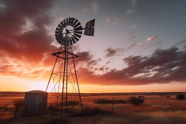 Filmischer Sonnenaufgang mit Windmühle in West Texas Generative KI