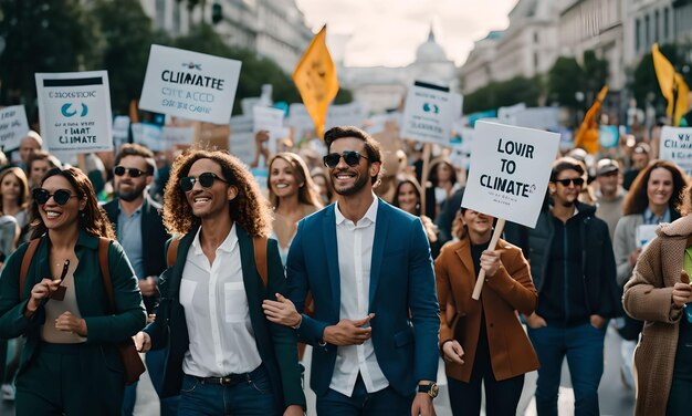 Filmisches Foto einer vielfältigen Gruppe von Menschen, die Schilder für den Klimaschutz hochhalten
