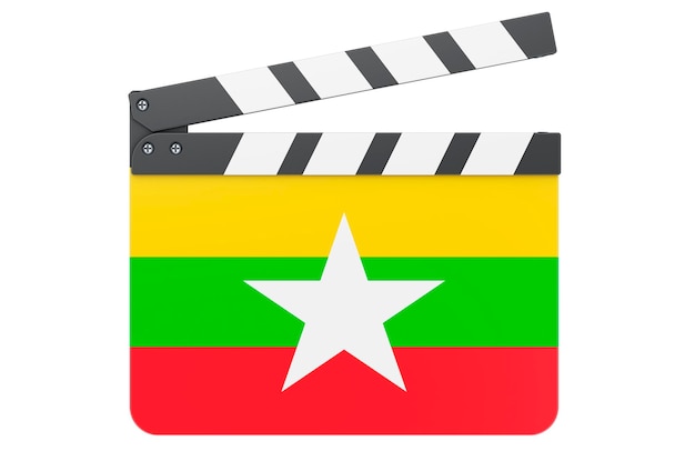 Filmklappe mit Myanmar-Flagge, Filmindustrie-Konzept, 3D-Rendering isoliert auf weißem Hintergrund