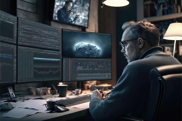 Filmredakteur oder Toningenieur arbeitet an seinem Schreibtisch mit Computer