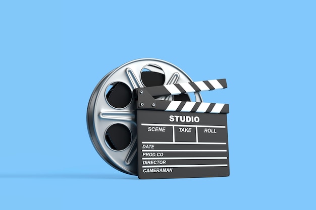 Filmrolle mit Klappe isoliert auf blauem Hintergrund in Pastellfarben Minimalistisches kreatives Konzept
