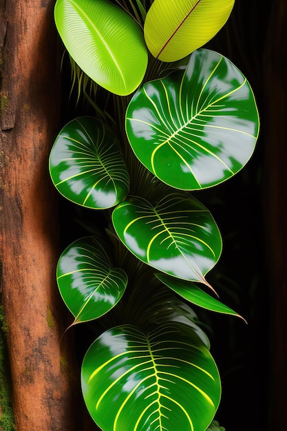 Foto filodendro trepador philodendron billietiae planta de follaje tropical que crece en el árbol de la selva tropical tr