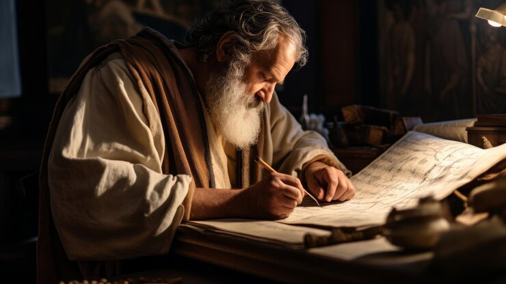 Filósofo helenístico transcribiendo ideas en rollos de pergamino adornados