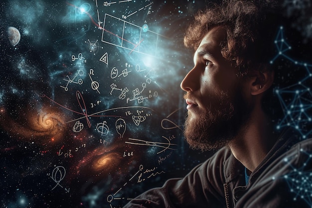 Foto filósofo quântico explorando dimensões teóricas imagem de um indivíduo pensativo olhando para o espaço