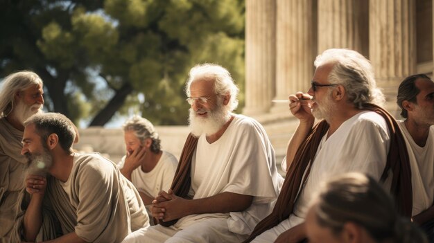 Los filósofos debaten en el ágora ateniense togas ondulantes