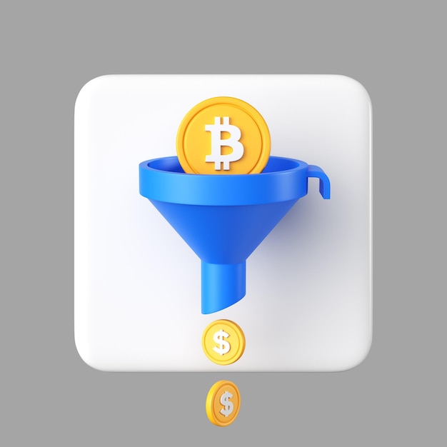 Filtro Bitcoin 3D Embudo de ventas Marketing en línea y comercio electrónico Comercio criptográfico Inversión digital Ordenar dinero y monedas Icono de diseño creativo de dibujos animados aislado sobre fondo blanco Representación 3D