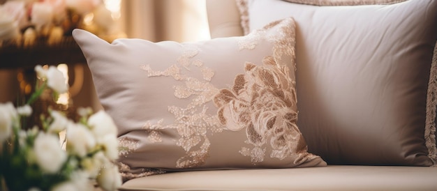 El filtro de luz vintage mejora la estética de una almohada de lujo en un sofá en el interior de la sala de estar