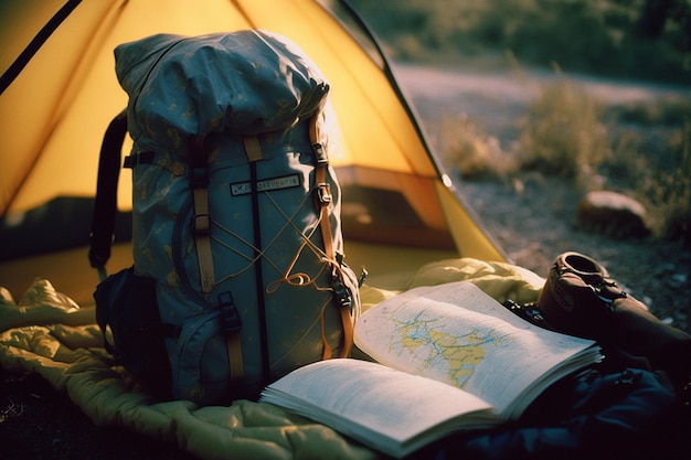 Fim de semana de férias na natureza com uma mochila Pôr do sol na floresta Paisagem de montanha viagens estilo de vida acampamento Viagem de verão na natureza Relaxando e deitado em um saco de dormir em uma barraca