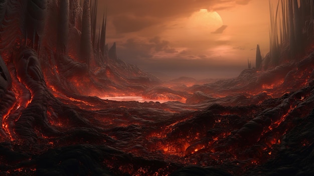 Fim do mundo o apocalipse Armagedom Fluxos de lava fluem pelo planeta inferno na terra