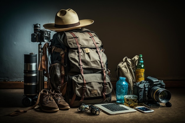 Fin de semana de vacaciones en la naturaleza con una mochila Puesta de sol en el bosque Paisaje de montaña viaje estilo de vida camping Viaje de verano en la naturaleza Relajarse y acostarse en un saco de dormir en una tienda de campaña