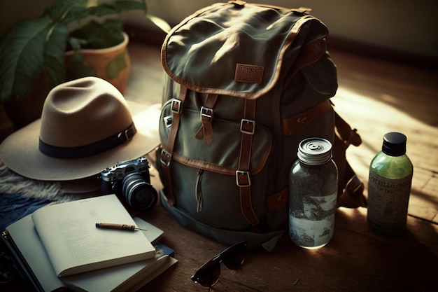 Fin de semana de vacaciones en la naturaleza con una mochila Puesta de sol en el bosque Paisaje de montaña viaje estilo de vida camping Viaje de verano en la naturaleza Relajarse y acostarse en un saco de dormir en una tienda de campaña