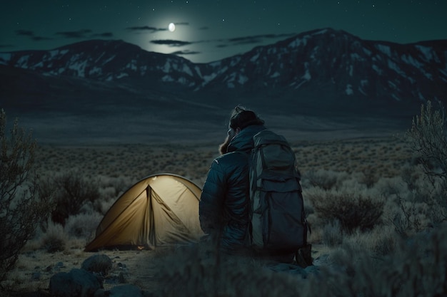 Foto fin de semana de vacaciones en la naturaleza con una mochila puesta de sol en el bosque paisaje de montaña viaje estilo de vida camping viaje de verano en la naturaleza relajarse y acostarse en un saco de dormir en una tienda de campaña