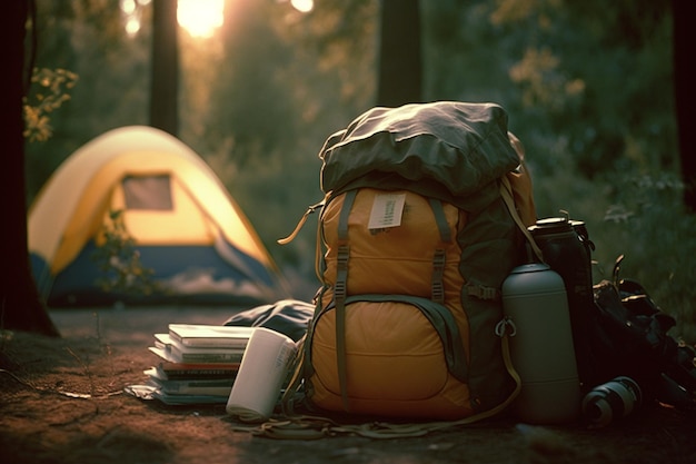 Fin de semana de vacaciones en la naturaleza con una mochila Puesta de sol en el bosque Paisaje de montaña viaje estilo de vida camping Viaje de verano en la naturaleza Relajarse y acostarse en un saco de dormir en una tienda de campaña