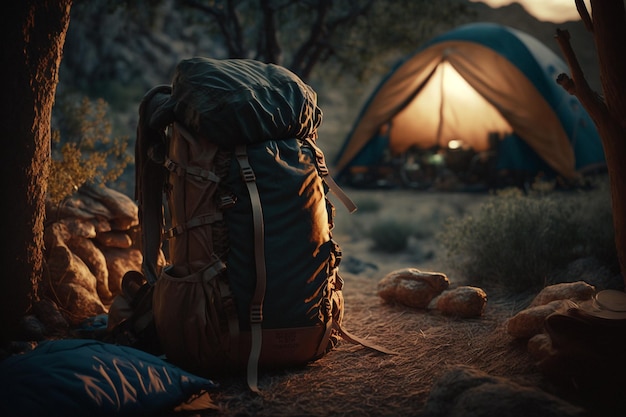Fin de semana de vacaciones en la naturaleza con una mochila Puesta de sol en el bosque Paisaje de montaña viaje estilo de vida camping Viaje de verano en la naturaleza Relajarse y acostarse en un saco de dormir en una tienda de campaña