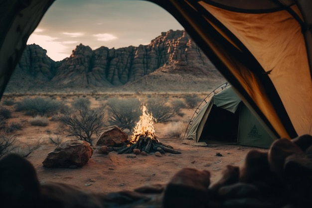 Fin de semana de vacaciones en la naturaleza con una mochila Puesta de sol en el bosque Paisaje de montaña viaje estilo de vida camping Viaje de verano en la naturaleza Relajarse y acostarse en un saco de dormir en una tienda de campaña