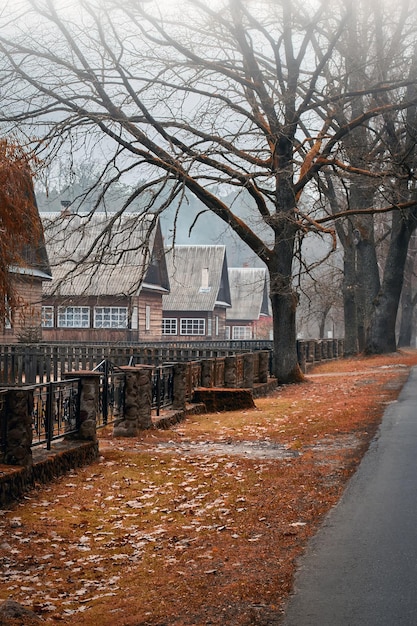 Finales de otoño en el antiguo pueblo Foggy día nublado