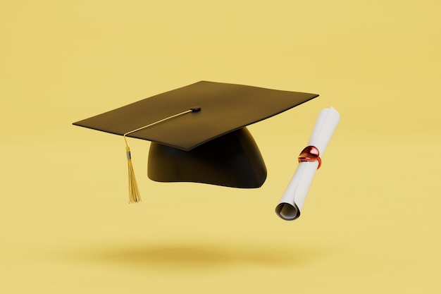 Finalización exitosa de la tapa de estudios y el diploma de maestría en un render 3d de fondo amarillo