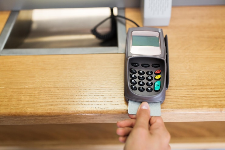 Foto finança, dinheiro, tecnologia, pagamento e conceito dos povos - próximo acima da mão que introduz o cartão de banco ao terminal
