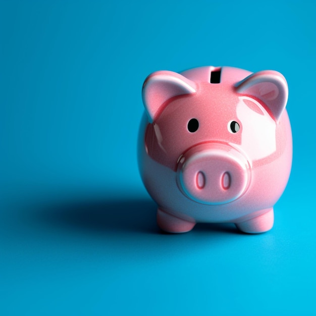 Finanças simples Piggy Bank rosa colocado em um fundo azul vibrante Para o tamanho da postagem de mídia social.