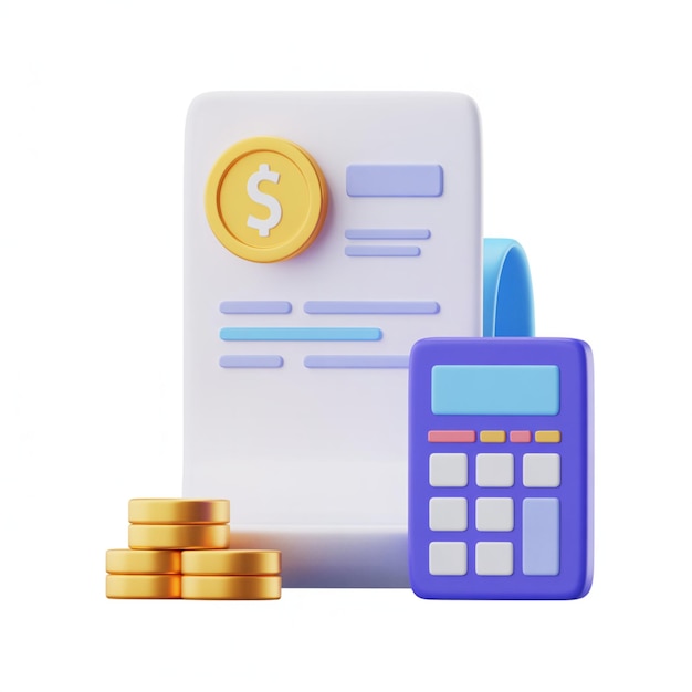Financial Calculation Invoice Calculator and Coins in 3D Cartoon Style