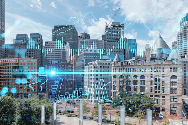 Financial Downtown City View Panorama von Boston vom Hafengebiet zur Tageszeit Massachusetts Glowing FOREX Graph Hologram Das Konzept des internationalen Handels und der Fundamentalanalyse