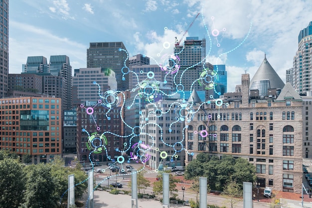 Financial Downtown City View Panorama von Boston vom Hafengebiet zur Tageszeit Massachusetts Hologram of Artificial Intelligence Concept AI und Business Machine Learning Neural Network Robotics