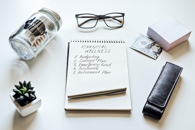 Financial Wellness Open Notepad mit Text Financial Wellness und Liste auf dem Tisch mit Mason Jar Saving