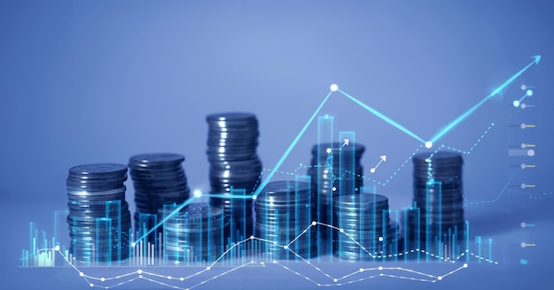 Financiamiento de acciones o gráfico de ahorro de dinero con monedas Fondo para ideas de negocio y diseño Gráfico para