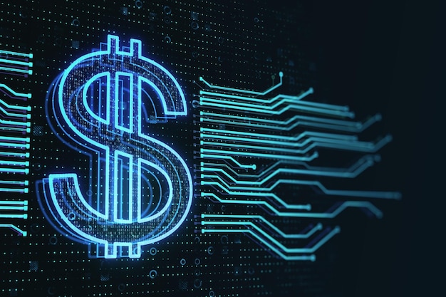 Financie el concepto de intercambio de dinero digital con el signo de dólar azul digital entre las líneas del circuito de la computadora en la representación 3D de fondo tecnológico oscuro