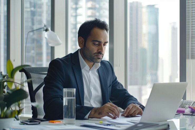 Financiero indio administrando finanzas en una oficina moderna con una computadora portátil