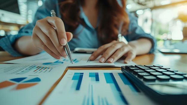 Finanz- und Investitions- oder Datenanalysekonzept Geschäftsfrau berechnet Finanzbericht