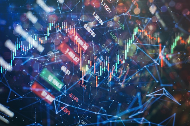 Foto finanz- und investitionskonzept. charts von finanzinstrumenten mit verschiedenen arten von indikatoren, einschließlich volumenanalyse für professionelle technische analysen auf dem monitor eines computers.