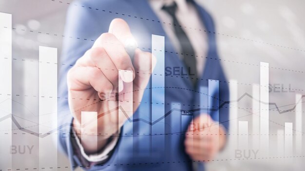 Finanzaktienhandel Graph Chart Diagramm Business Finance Konzept Doppelbelichtung Mixed Media