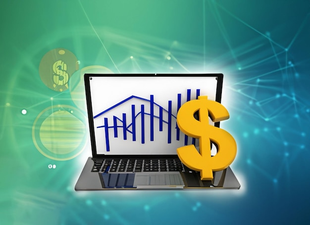 Finanzanalyse-Konzept-Laptop mit Diagrammmünzen und Banknote auf rosa Hintergrund Finanzmanagementstatistik für Organisation oder Investition 3D-Darstellung