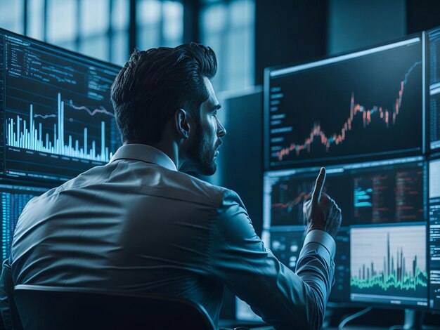 Finanzanalyst arbeitet am Computer mit MultiMonitor-Workstation mit RealTime Stocks Commodit