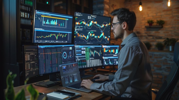 Finanzanalytiker mit Laptop neben einem Multi-Monitor-Arbeitsplatz mit Echtzeit-Aktien