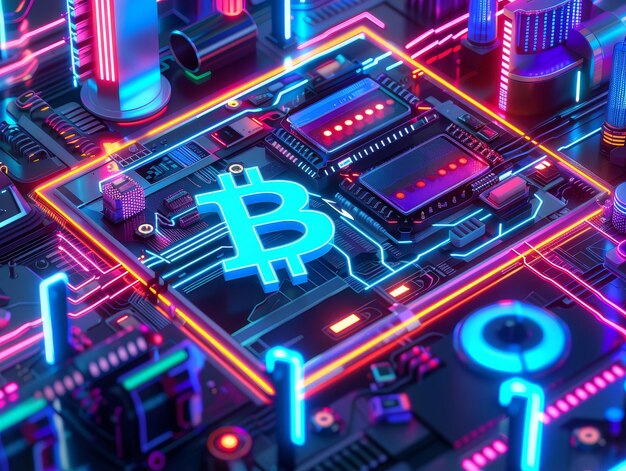 Finanzas descentralizadas criptomoneda revolucionando las transacciones financieras exploración del mundo virtual arte futurista renderizado en 3D iluminación de neón tema Cyberpunk vista de gran angulo