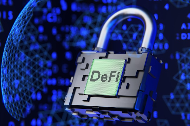 Finanzas descentralizadas DeFi en una pantalla LSD monocromática El concepto de protección financiera Seguridad de las finanzas descentralizadas Concepto de cadena de bloques Sistema financiero descentralizado Representación 3d