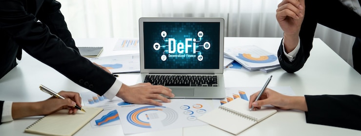 Foto finanzas descentralizadas o concepto defi en una pantalla de computadora enérgica