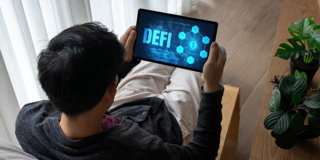 Finanzas descentralizadas o concepto DeFi en la pantalla de la computadora de moda