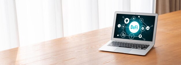 Finanzas descentralizadas o concepto defi en la pantalla de la computadora moderna